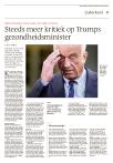 Steeds meer kritiek op Trumps gezondheidsminister
